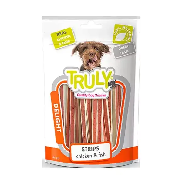 تشویقی سگ ترولی مدل ساندویچ مرغ و ماهی Truly Chicken & Fish Strips وزن 90 گرم
