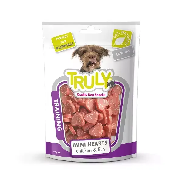 تشویقی سگ ترولی مدل مرغ و ماهی قلبی كم چربی Truly Mini Hearts وزن 90 گرم