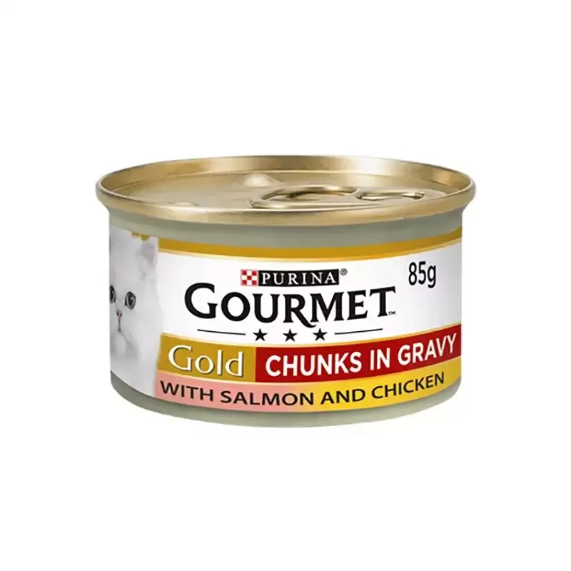 كنسرو غذای گربه گورمت با طعم مرغ و سالمون تكه ای Gourmet Chicken & Salmon وزن 85 گرم