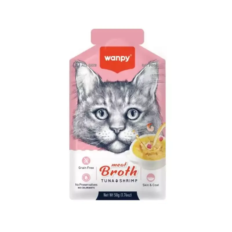 سوپ گربه ونپی مدل آب گوشت ماهی تن و میگو Wanpy Meat Broth Tuna&Shrimp وزن 50 گرم