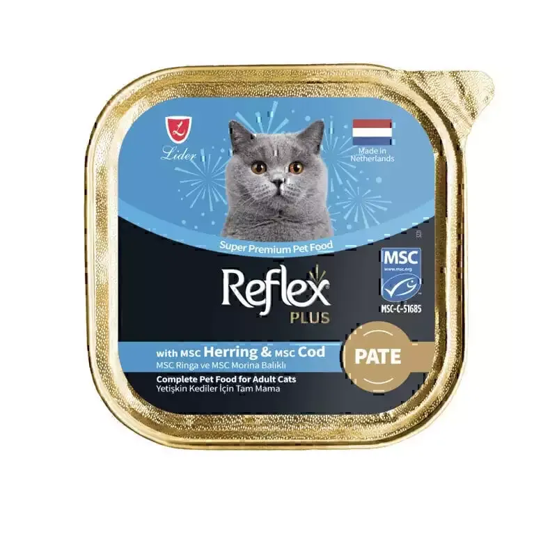 غذای کاسهای گربه بالغ رفلکس پلاس پته با طعم شاه ماهی و ماهی كاد Reflex Plus Pate Cat Food With Herring & Cod وزن ۸۵ گرم