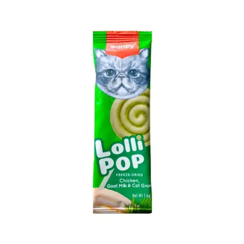 تشویقی آب نباتی گربه ونپی با طعم مرغ، شیر بز و علف Wanpy Freeze Dried Lollipop وزن 1.4 گرم