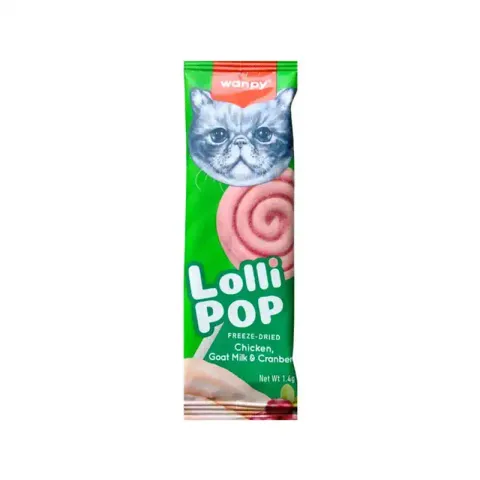 تشویقی آب نباتی گربه ونپی با طعم مرغ، شیر بز و کرنبری Wanpy Freeze Dried Lollipop وزن 1.4 گرم