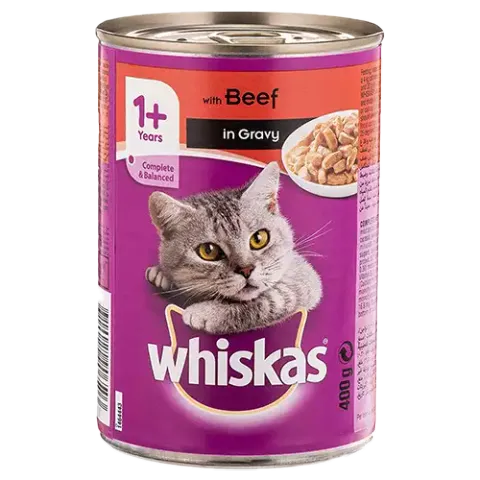 کنسرو غذای گربه ویسکاس با طعم گوشت گاو Whiskas Beef In Gravy وزن 400 گرم