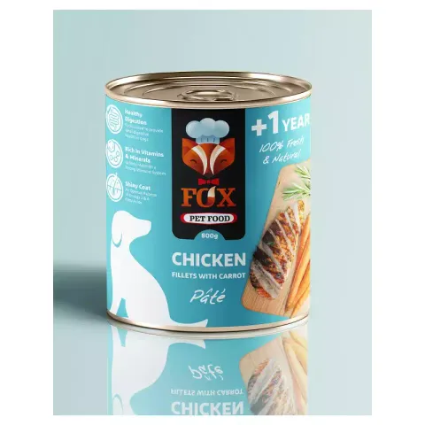 كنسرو غذاي سگ فاکس مدل chicken fillets with carrot طعم فيله مرغ و هويج وزن 800 گرم