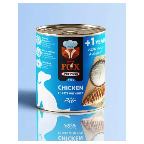 كنسرو غذاي سگ فاکس مدل chicken fillets with rice طعم فيله مرغ و برنج وزن 800 گرم