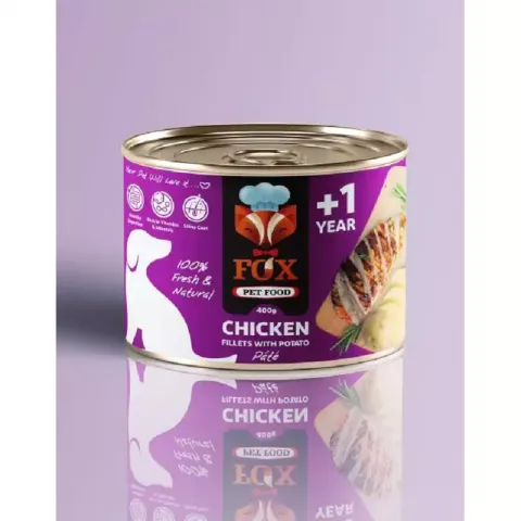 کنسرو غذای سگ فاکس مدل chicken fillets with potato طعم فیله مرغ و سیب زمینی وزن 500 گرم