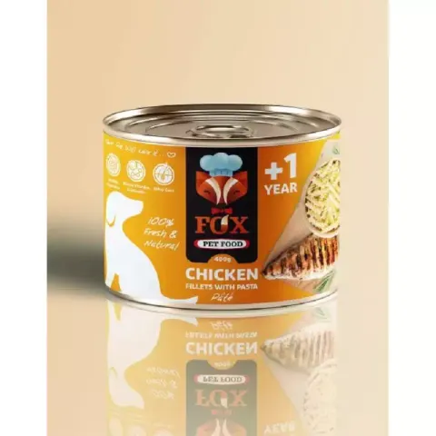 کنسرو غذای سگ فاکس مدل chicken fillets with pasta طعم فیله مرغ و پاستا وزن 500 گرم
