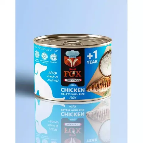 کنسرو غذای سگ فاکس مدل chicken fillets with rice طعم فیله مرغ و برنج وزن 500 گرم