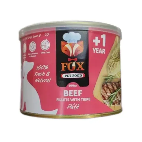 کنسرو غذای سگ فاکس مدل Beef fillets with tripe طعم بیف و سیرابی  وزن 500 گرم