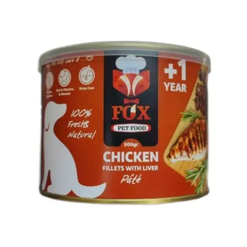 کنسرو غذای سگ فاکس مدل chicken fillets with liver طعم فیله مرغ و جگر وزن 500 گرم