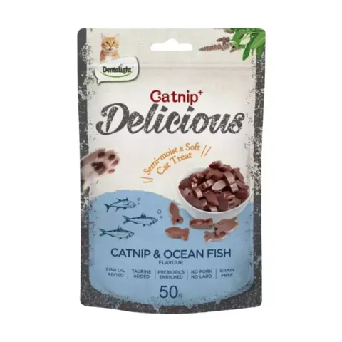 تشویقی گربه دلیشز مدل اسنک تكه ای نرم طعم کت نیپ و ماهی اقیانوسی Delicious Catnip & Ocean Fish وزن 50 گرم