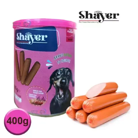 کنسرو سوسیس سگ شایر با طعم دودی در سس Shayer Smoky Sausage وزن 400 گرم